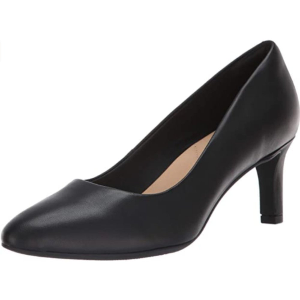 NEW Clarks Women Calla Rose Praline Black Ortholite Cushion Mid Pump Chunky Heel